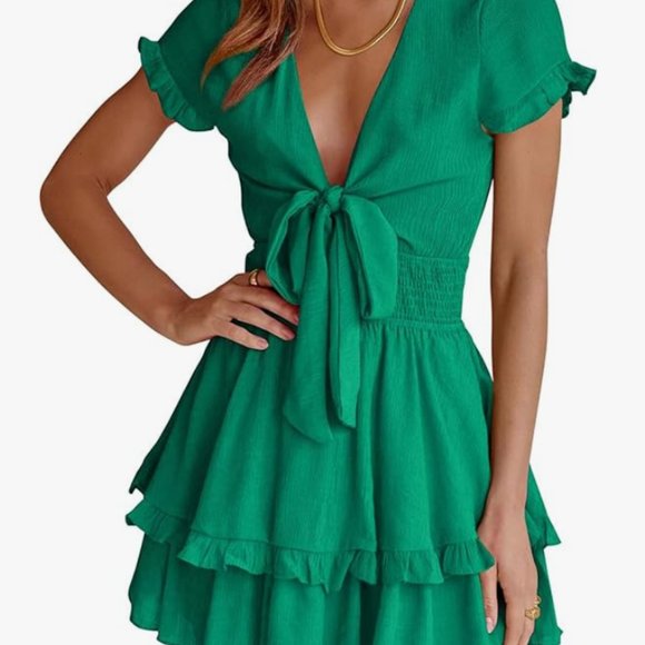PRETTYGARDEN Women's Tie Front V Neck Short Sleeve Dress NWOT | Green | L - Picture 1 of 1